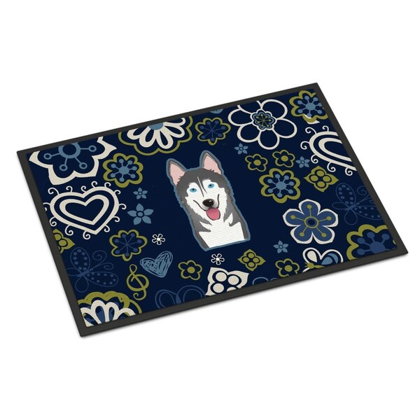 Carolines Treasures 24 x 36 in. Blue Flowers Alaskan Malamute Indoor or Outdoor Mat BB5069JMAT - main